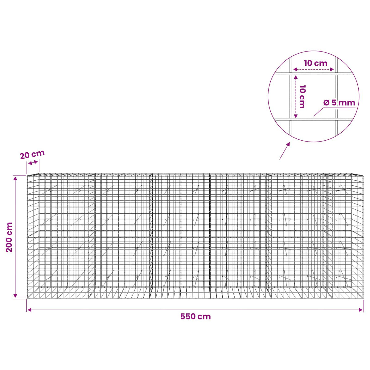vidaXL Gabion z drutem 5 mm i siatką 10x10 cm 550x20x200 cm
