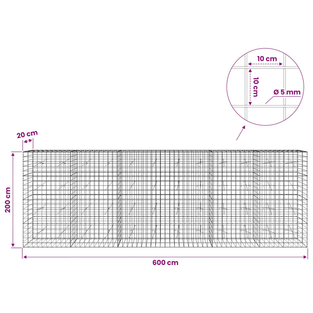 vidaXL Gabion z drutem 5 mm i siatką 10x10 cm 600x20x200 cm