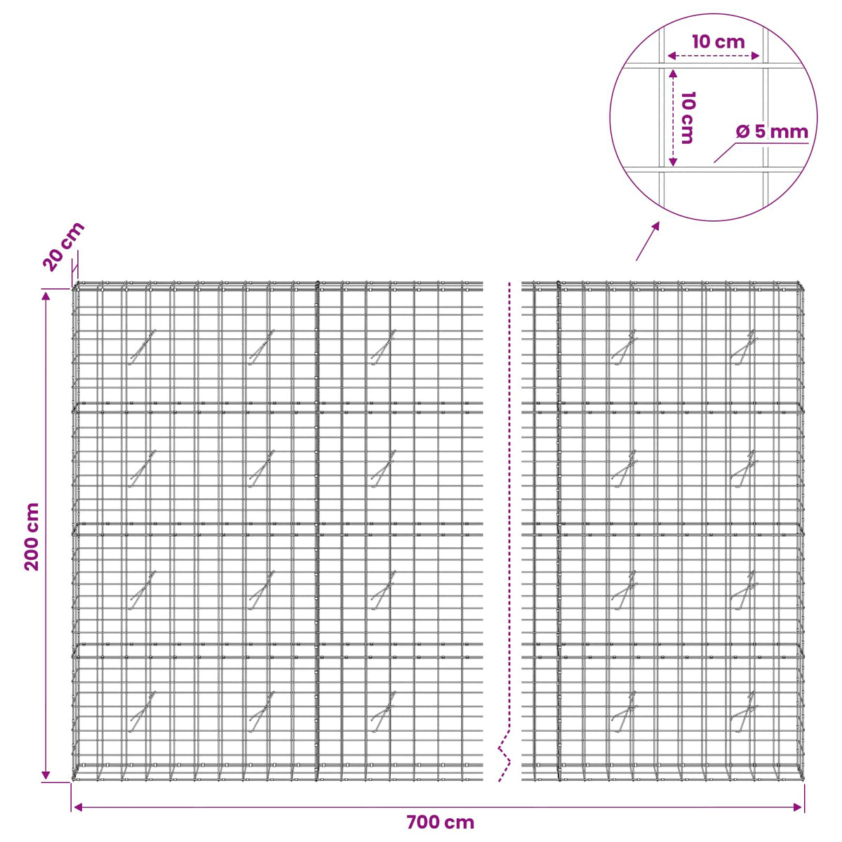 vidaXL Gabion z drutem 5 mm i siatką 10x10 cm 700x20x200 cm