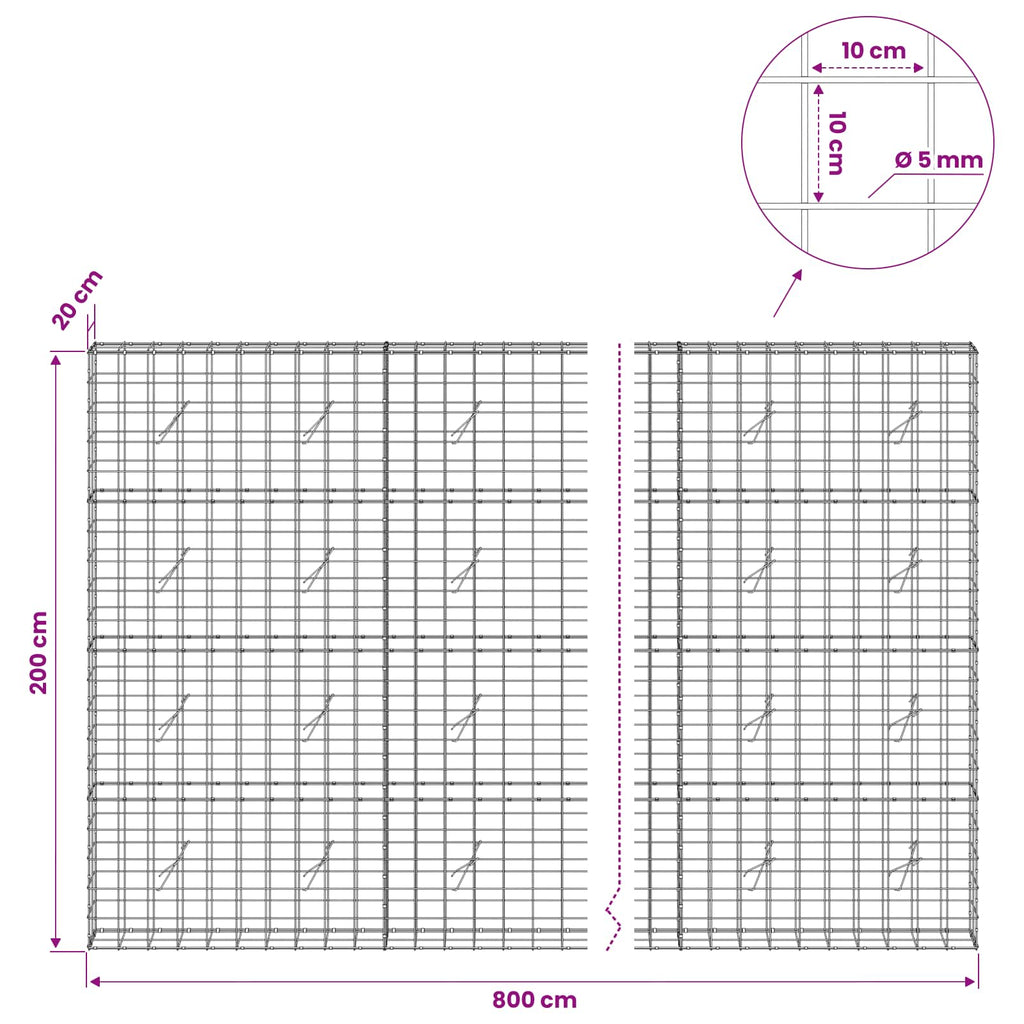vidaXL Gabion z drutem 5 mm i siatką 10x10 cm 800x20x200 cm