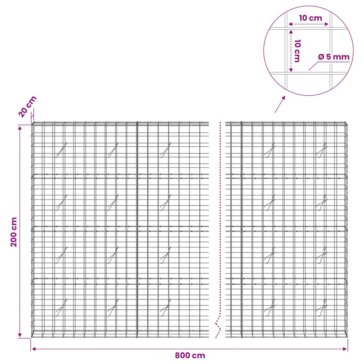 vidaXL Gabion z drutem 5 mm i siatką 10x10 cm 800x20x200 cm