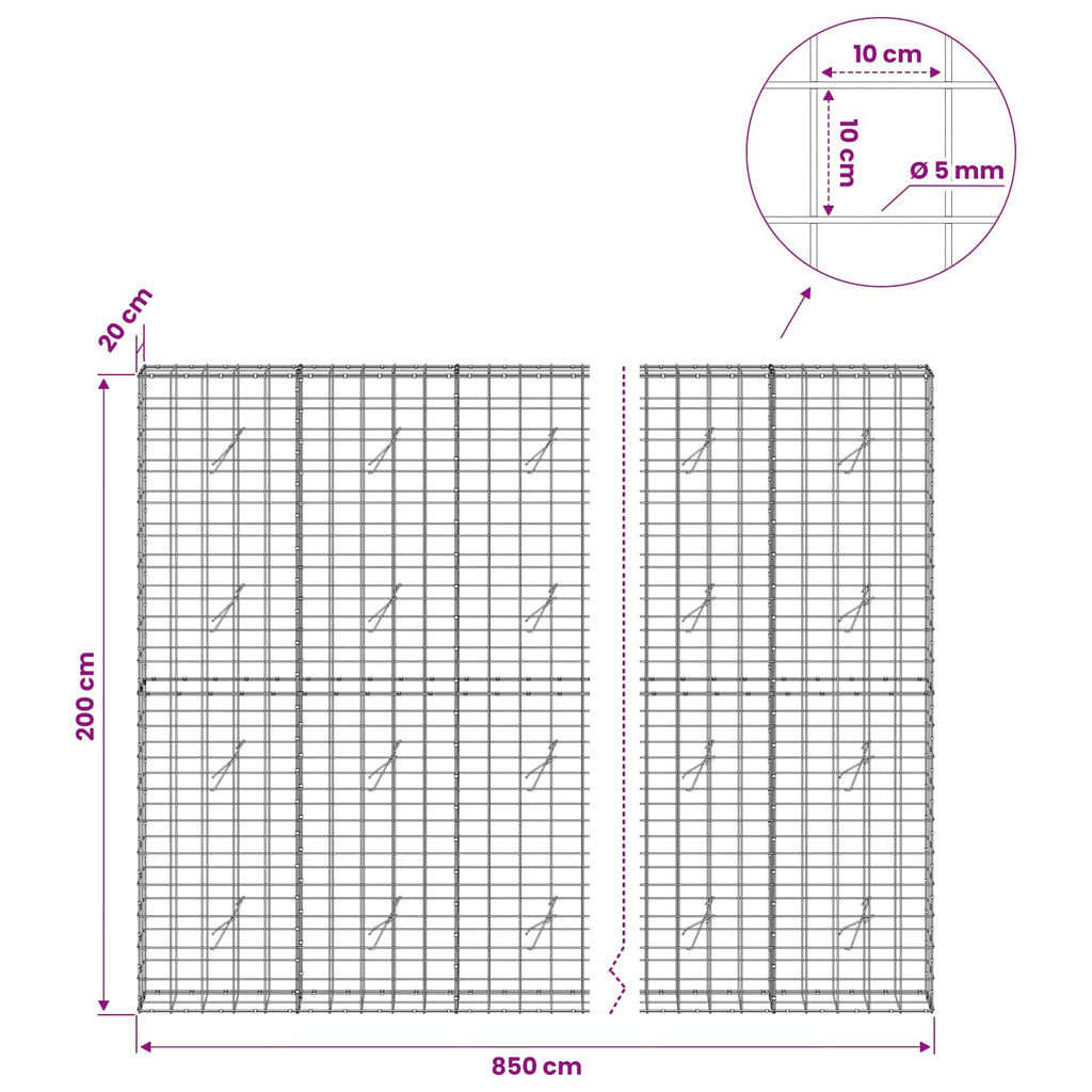 vidaXL Gabion z drutem 5 mm i siatką 10x10 cm 850x20x200 cm