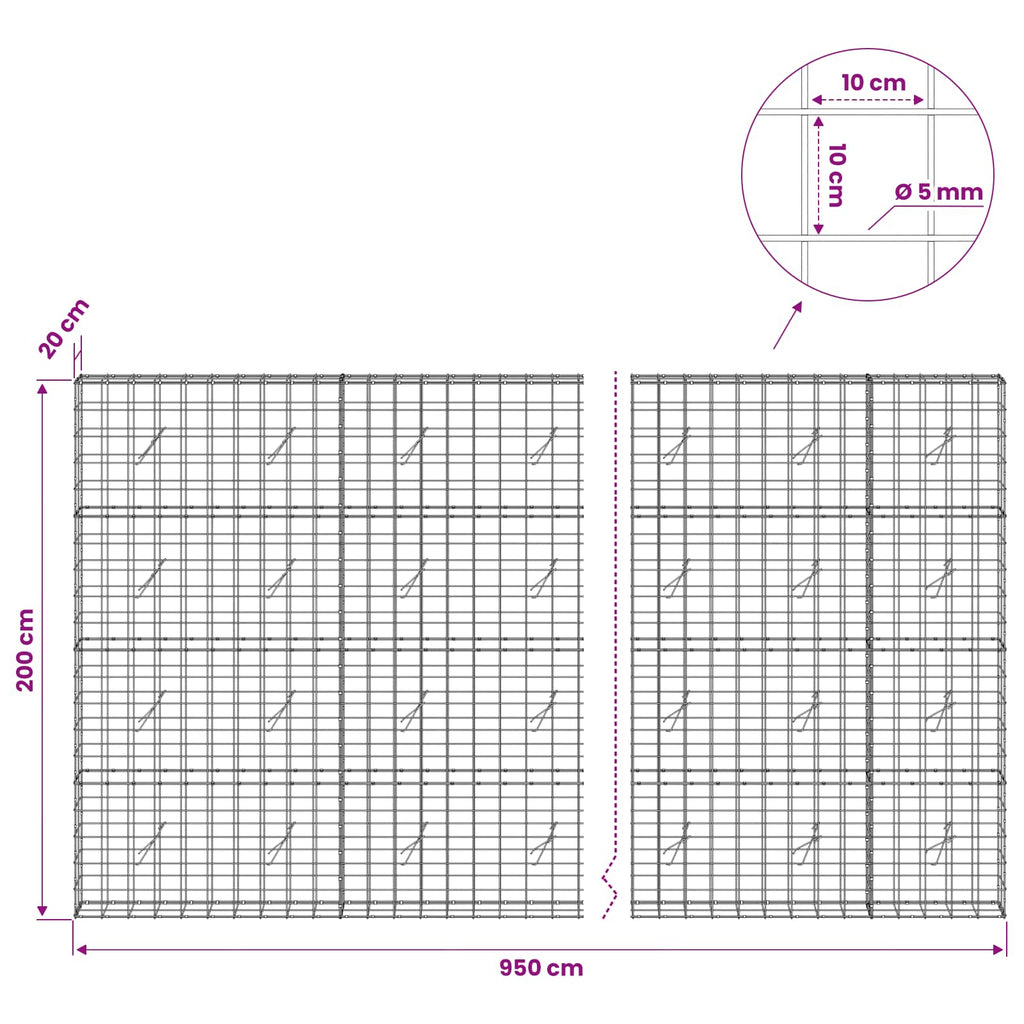 vidaXL Gabion z drutem 5 mm i siatką 10x10 cm 950x20x200 cm