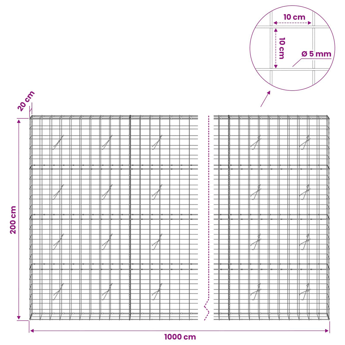 vidaXL Gabion z drutem 5 mm i siatką 10x10 cm 1000x20x200 cm
