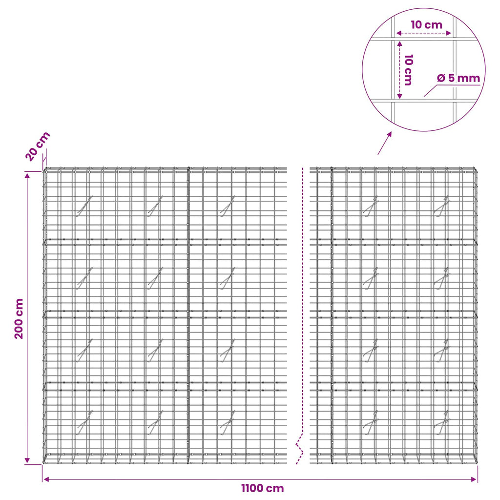 vidaXL Gabion z drutem 5 mm i siatką 10x10 cm 1100x20x200 cm