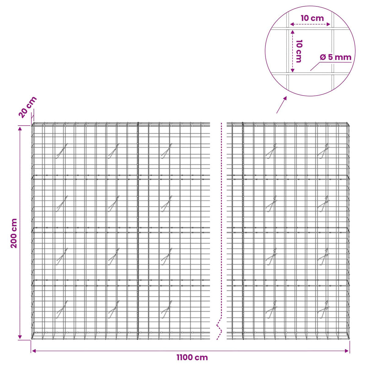 vidaXL Gabion z drutem 5 mm i siatką 10x10 cm 1100x20x200 cm
