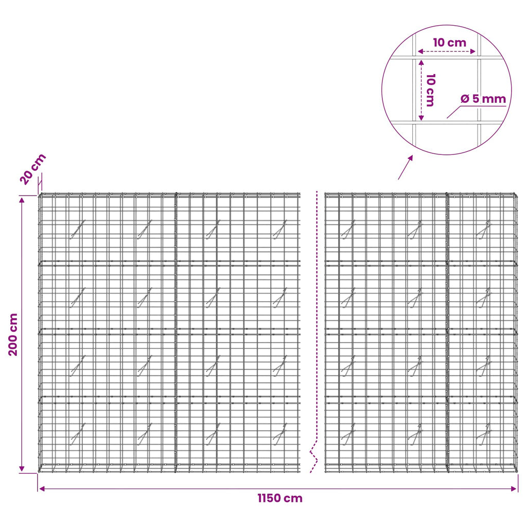 vidaXL Gabion z drutem 5 mm i siatką 10x10 cm 1150x20x200 cm