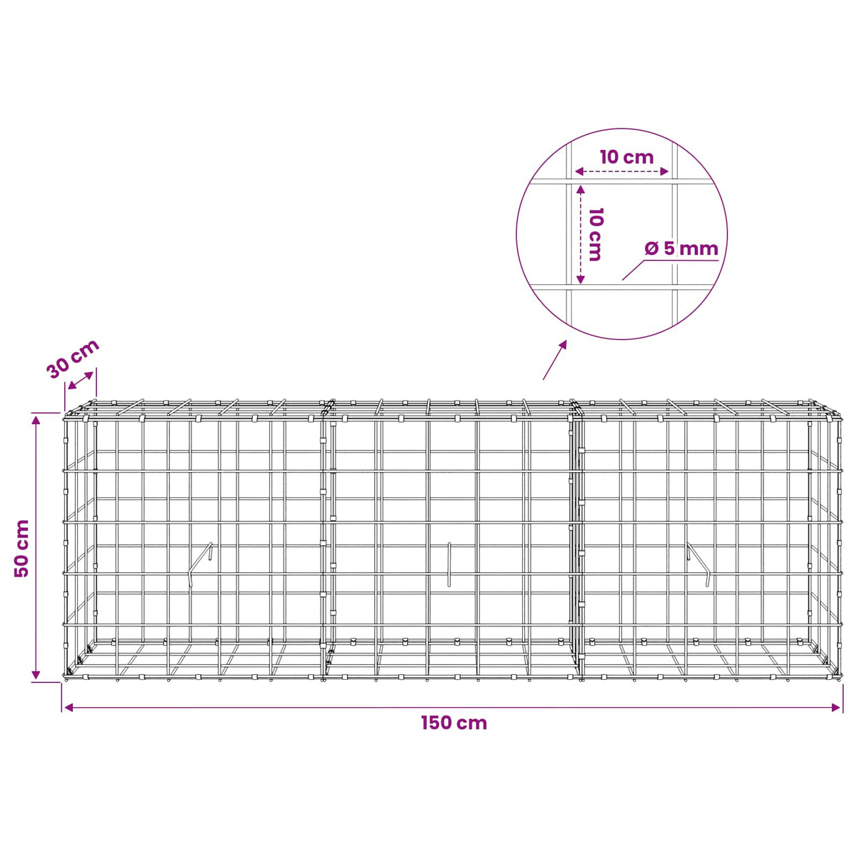 vidaXL Gabion z drutem 5 mm i siatką 10x10 cm 150x30x50 cm