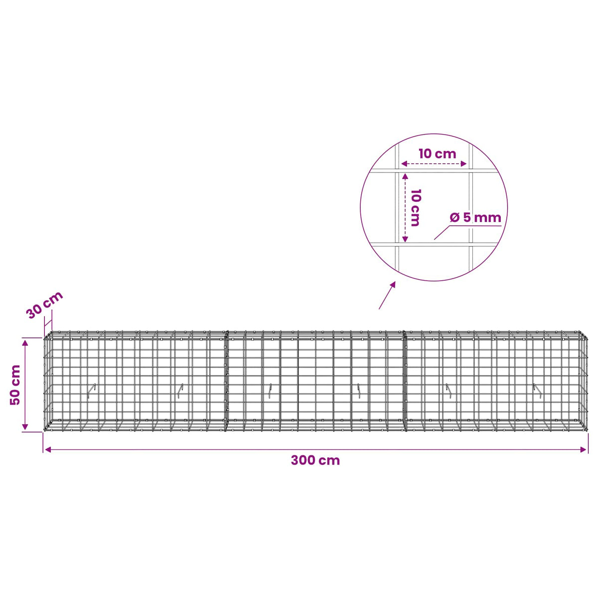 vidaXL Gabion z drutem 5 mm i siatką 10x10 cm 300x30x50 cm