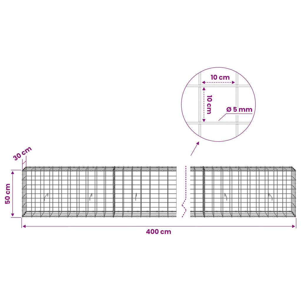 vidaXL Gabion z drutem 5 mm i siatką 10x10 cm 400x30x50 cm