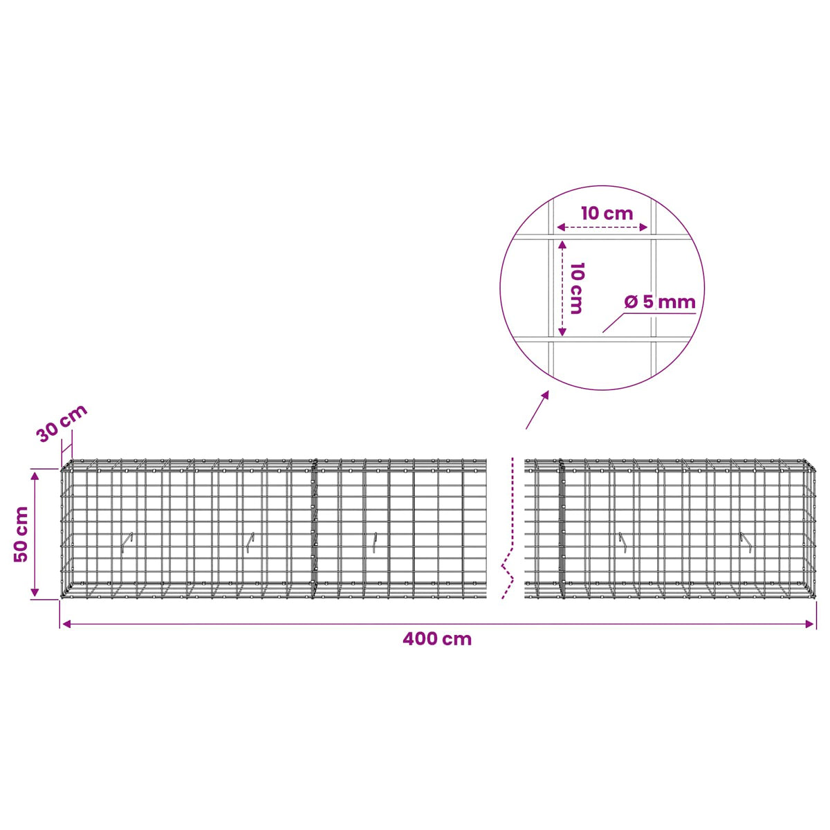 vidaXL Gabion z drutem 5 mm i siatką 10x10 cm 400x30x50 cm