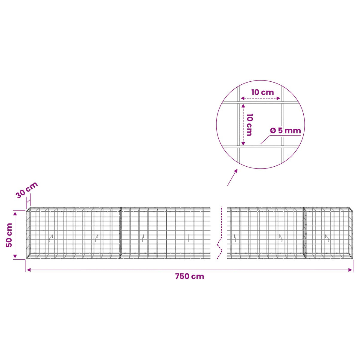 vidaXL Gabion z drutem 5 mm i siatką 10x10 cm 750x30x50 cm
