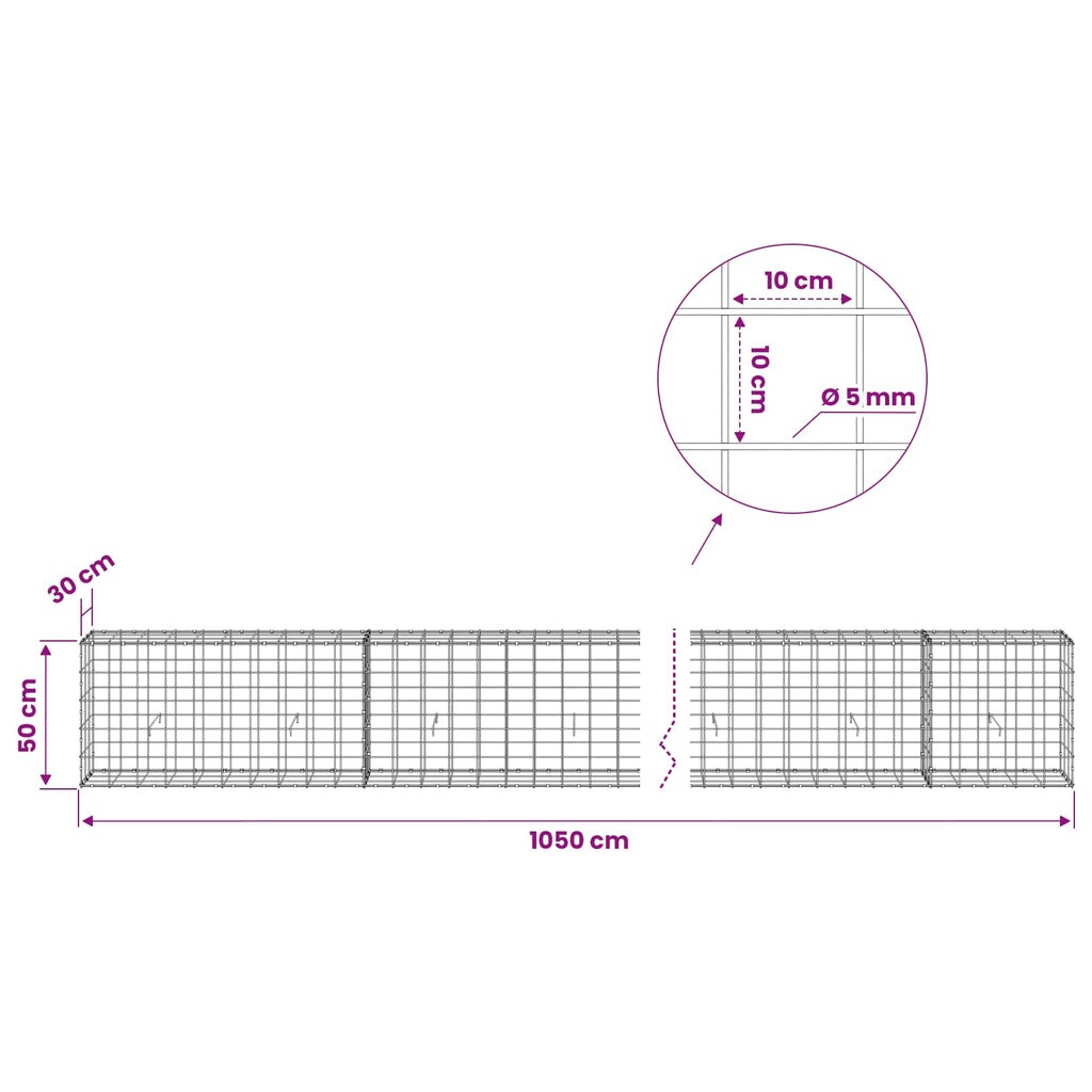 vidaXL Gabion z drutem 5 mm i siatką 10x10 cm 1050x30x50 cm
