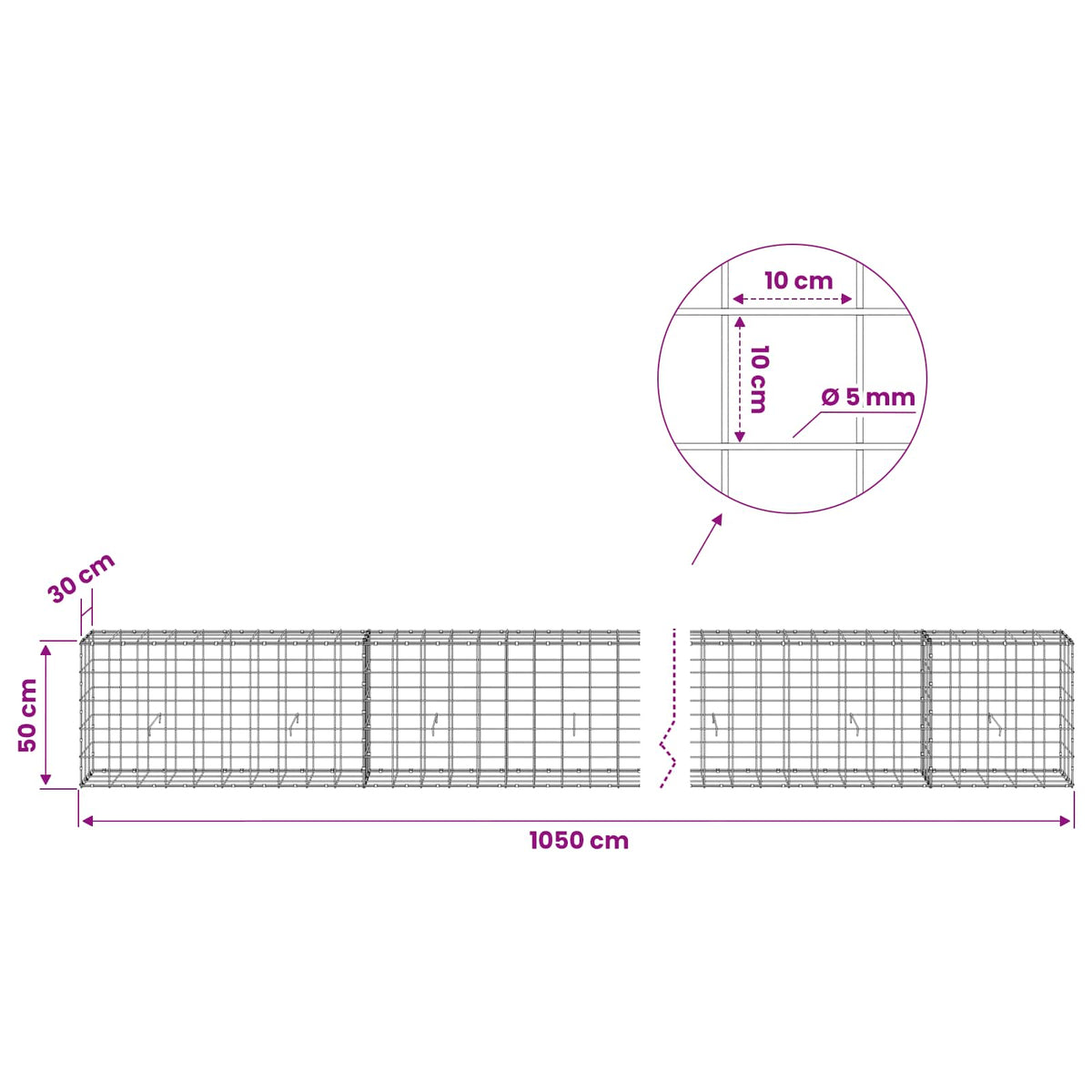 vidaXL Gabion z drutem 5 mm i siatką 10x10 cm 1050x30x50 cm