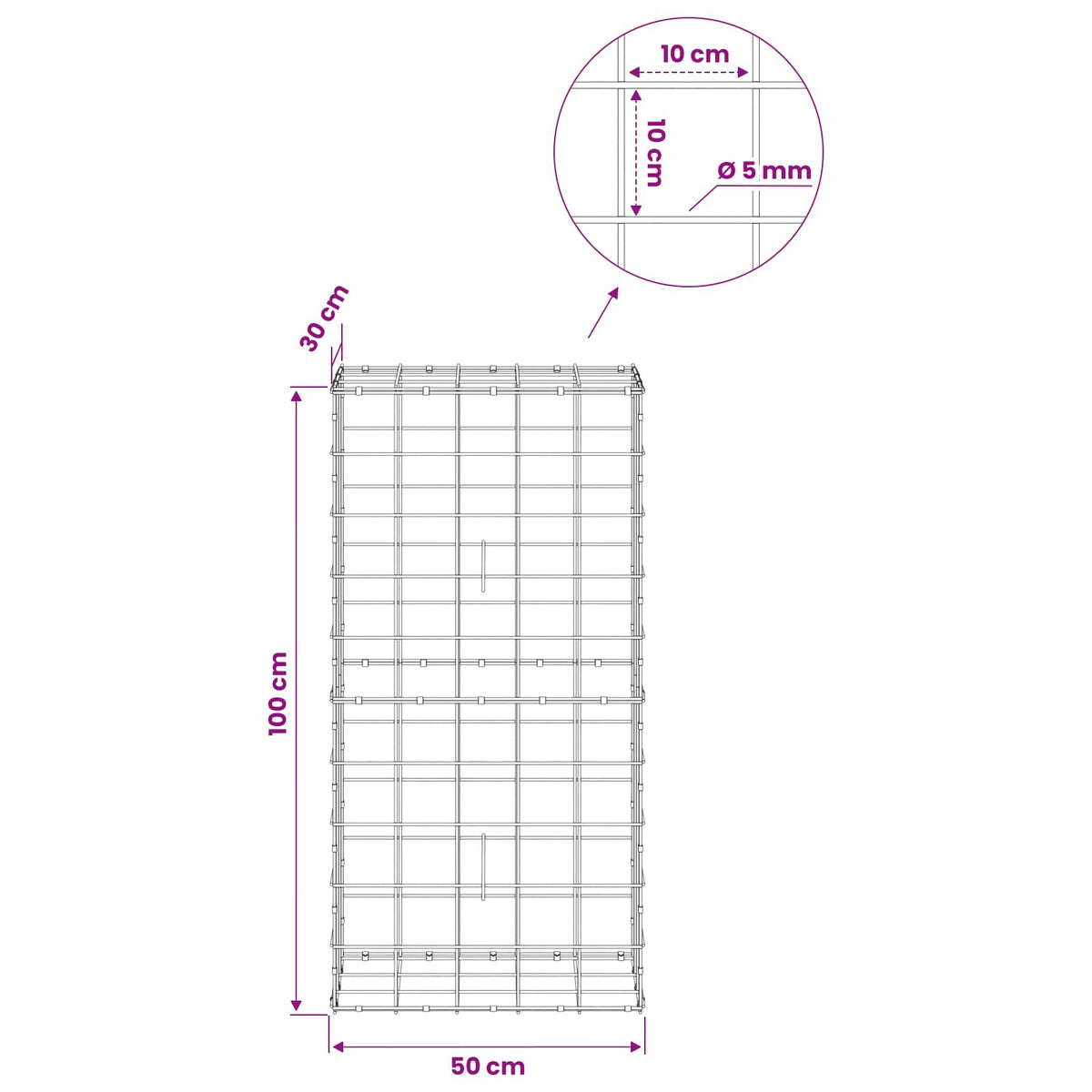 vidaXL Gabion z drutem 5 mm i siatką 10x10 cm 50x30x100 cm