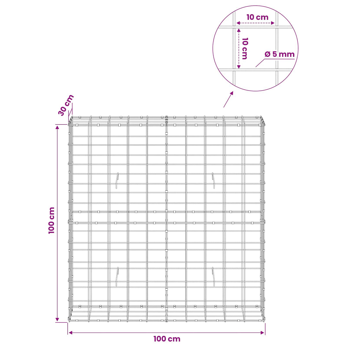 vidaXL Gabion z drutem 5 mm i siatką 10x10 cm 100x30x100 cm
