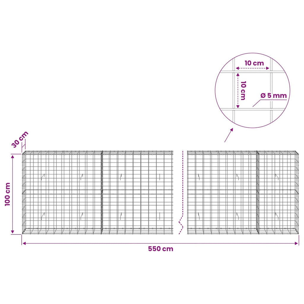 vidaXL Gabion z drutem 5 mm i siatką 10x10 cm 550x30x100 cm