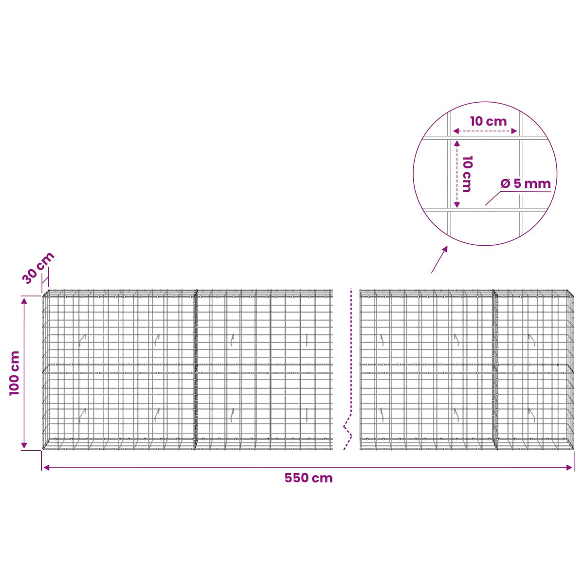 vidaXL Gabion z drutem 5 mm i siatką 10x10 cm 550x30x100 cm