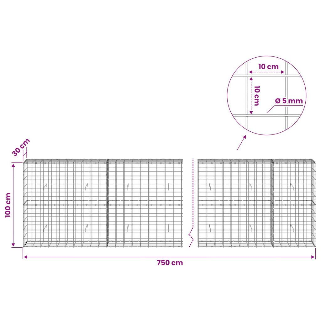 vidaXL Gabion z drutem 5 mm i siatką 10x10 cm 750x30x100 cm