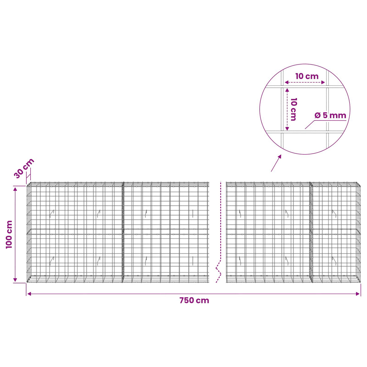 vidaXL Gabion z drutem 5 mm i siatką 10x10 cm 750x30x100 cm
