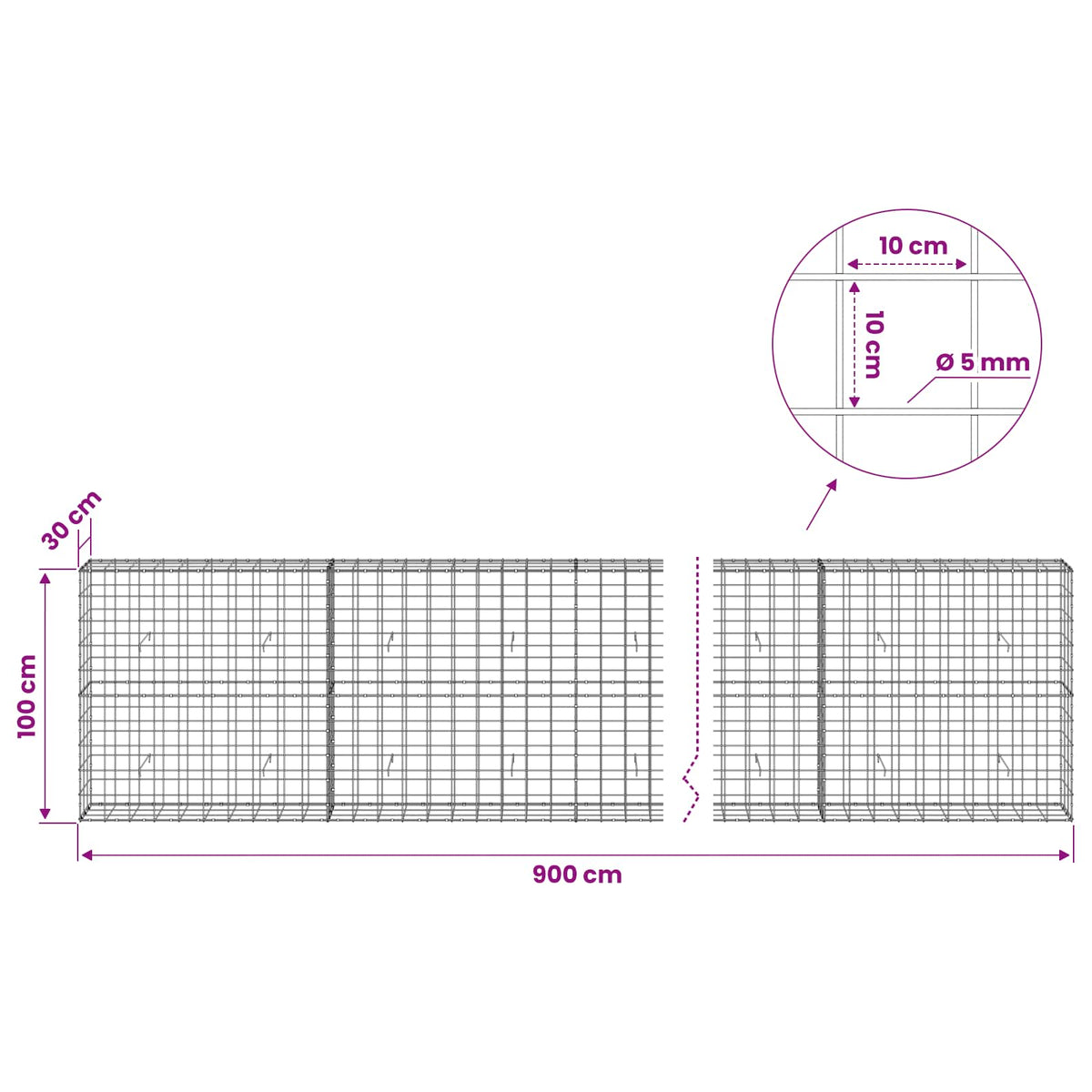 vidaXL Gabion z drutem 5 mm i siatką 10x10 cm 900x30x100 cm