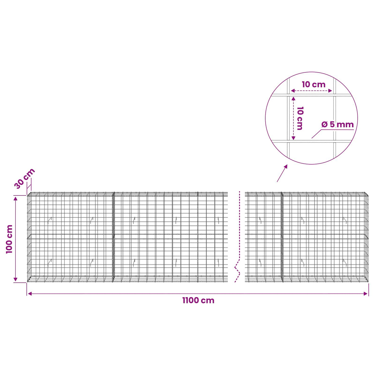 vidaXL Gabion z drutem 5 mm i siatką 10x10 cm 1100x30x100 cm