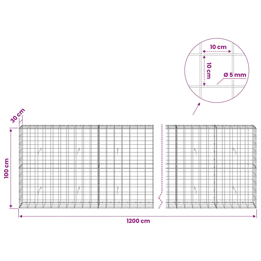 vidaXL Gabion z drutem 5 mm i siatką 10x10 cm 1200x30x100 cm