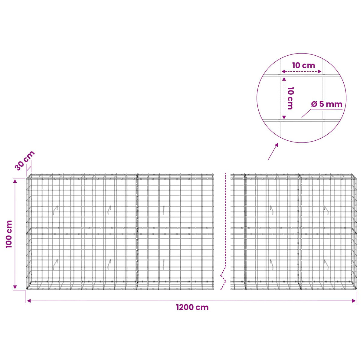 vidaXL Gabion z drutem 5 mm i siatką 10x10 cm 1200x30x100 cm