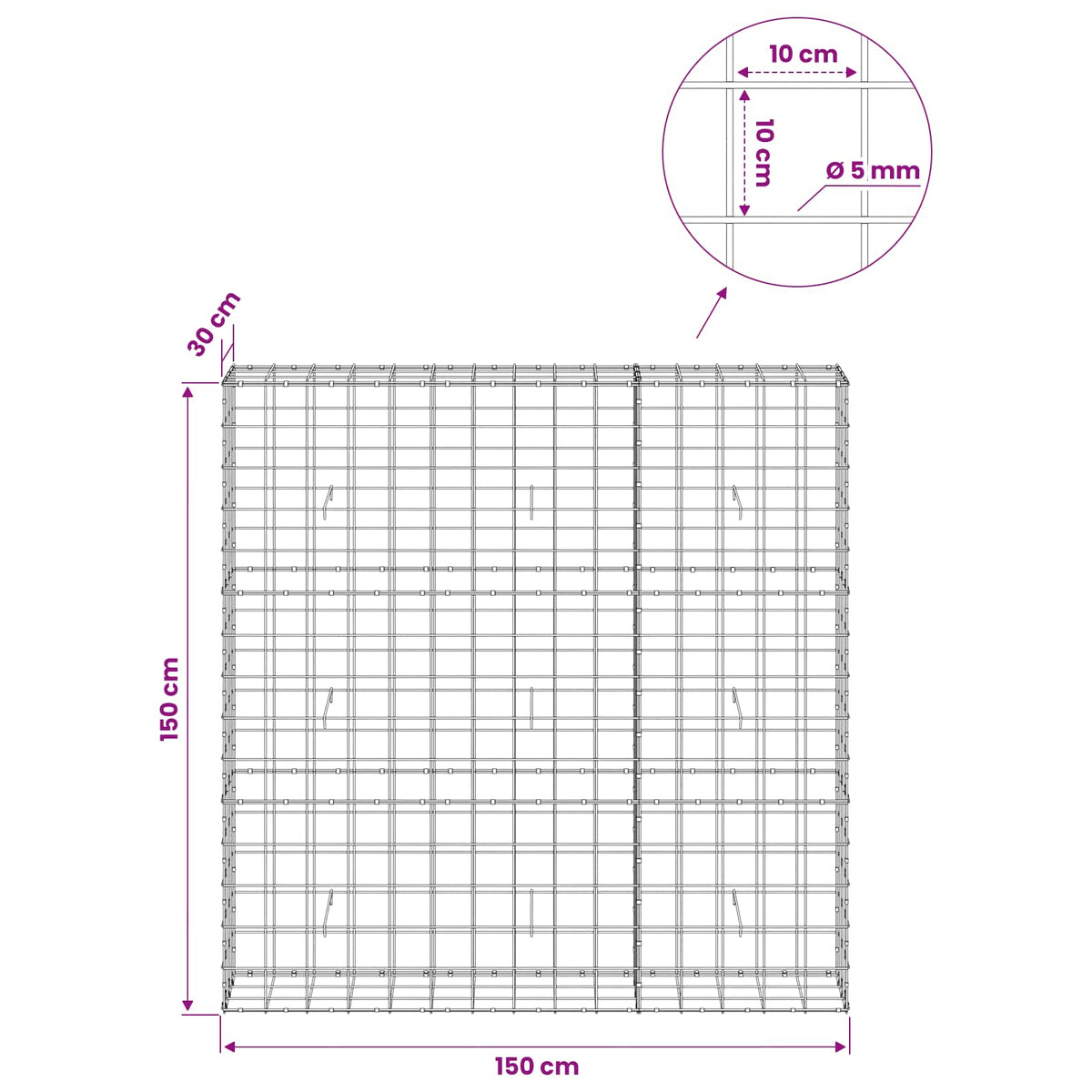 vidaXL Gabion z drutem 5 mm i siatką 10x10 cm 150x30x150 cm