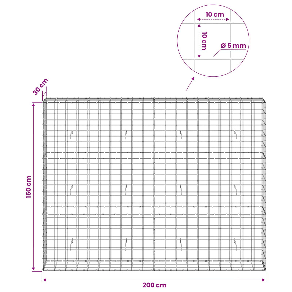 vidaXL Gabion z drutem 5 mm i siatką 10x10 cm 200x30x150 cm