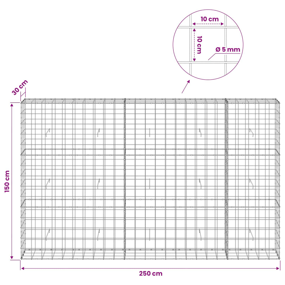 vidaXL Gabion z drutem 5 mm i siatką 10x10 cm 250x30x150 cm