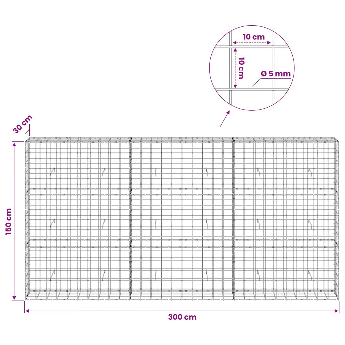 vidaXL Gabion z drutem 5 mm i siatką 10x10 cm 300x30x150 cm