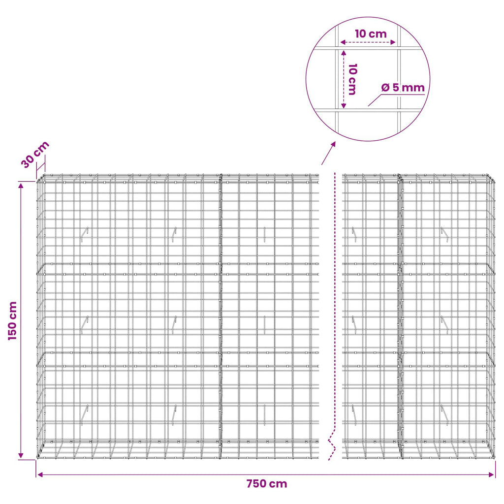 vidaXL Gabion z drutem 5 mm i siatką 10x10 cm 750x30x150 cm