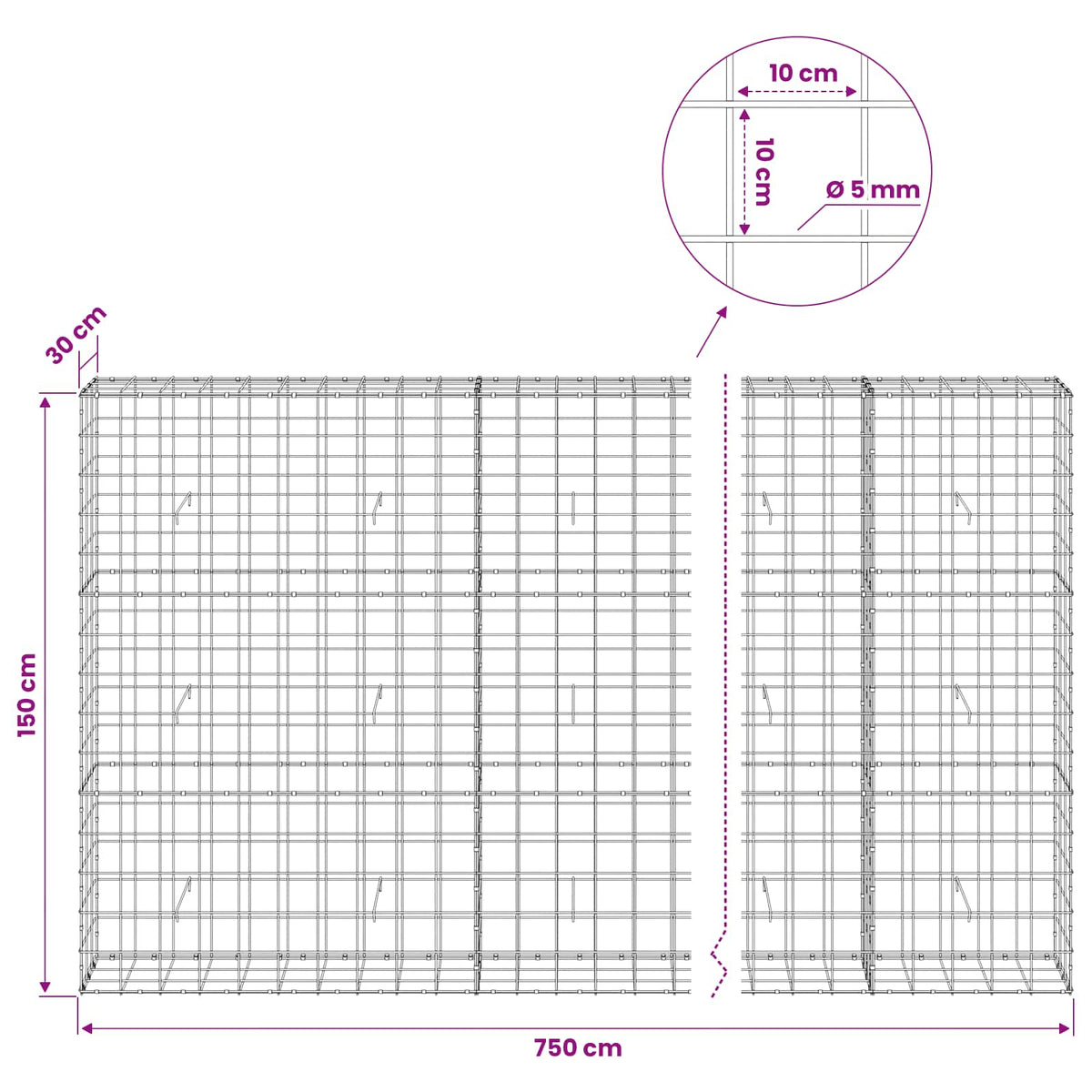 vidaXL Gabion z drutem 5 mm i siatką 10x10 cm 750x30x150 cm