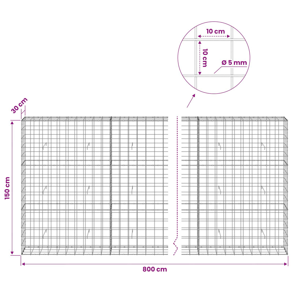vidaXL Gabion z drutem 5 mm i siatką 10x10 cm 800x30x150 cm