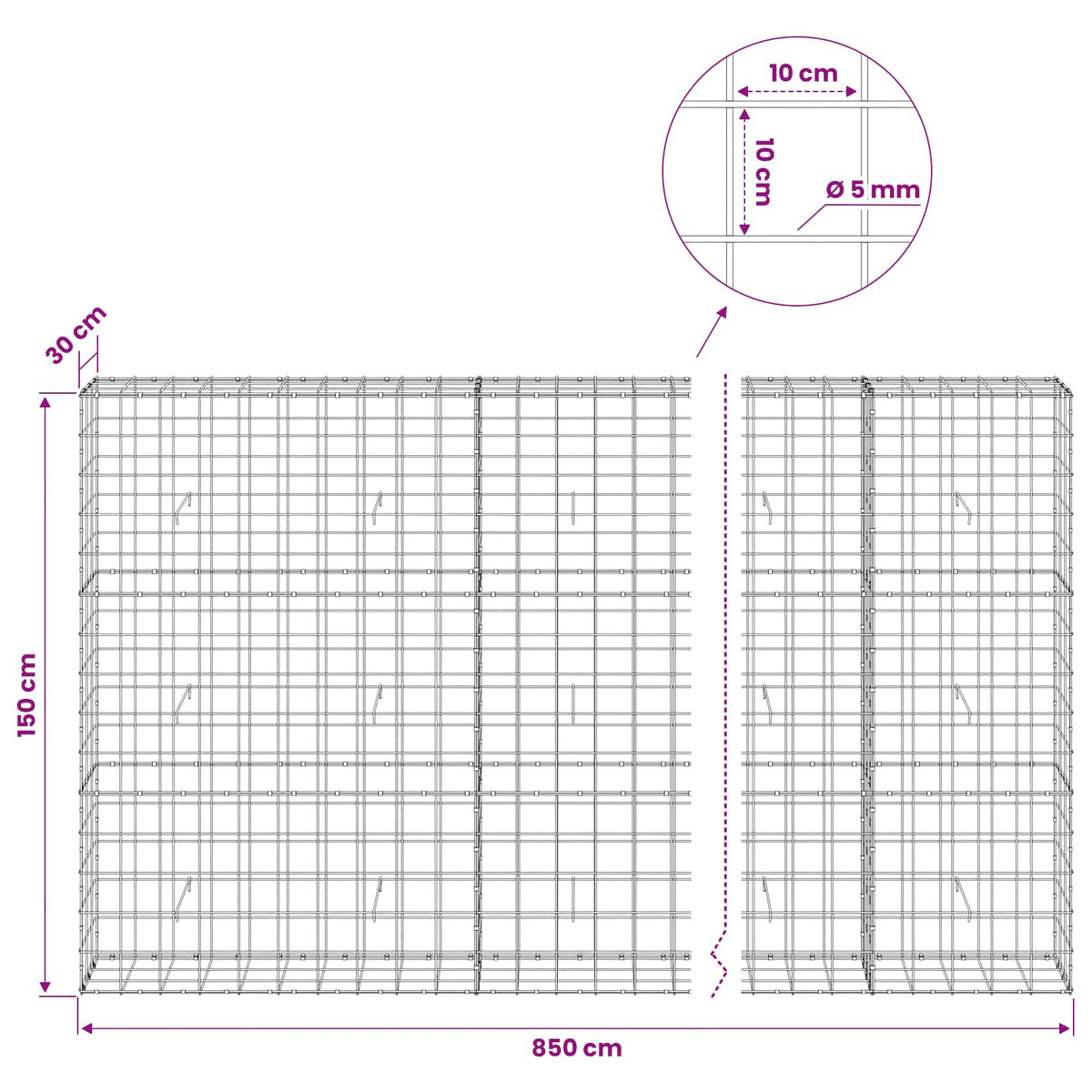 vidaXL Gabion z drutem 5 mm i siatką 10x10 cm 850x30x150 cm