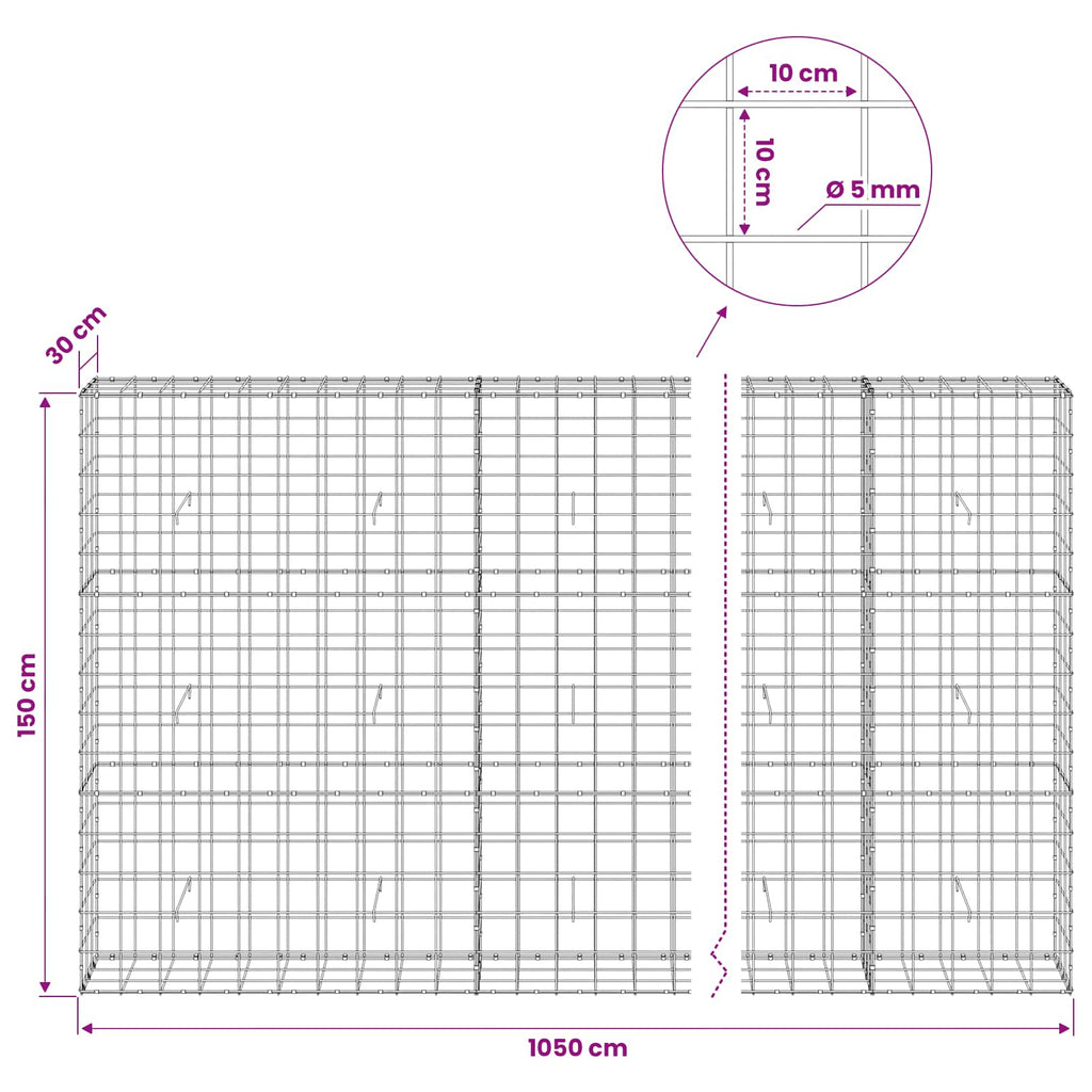 vidaXL Gabion z drutem 5 mm i siatką 10x10 cm 1050x30x150 cm