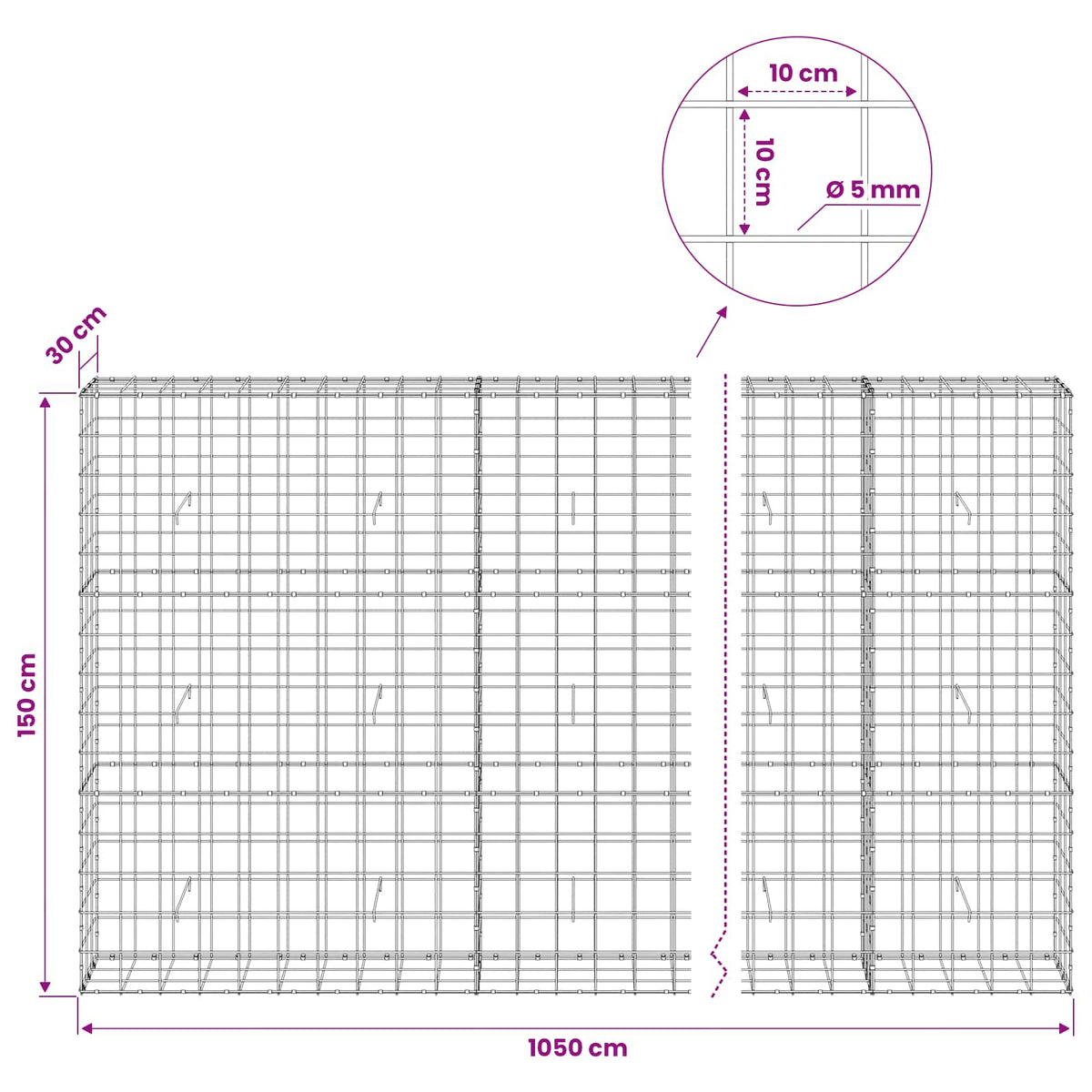 vidaXL Gabion z drutem 5 mm i siatką 10x10 cm 1050x30x150 cm