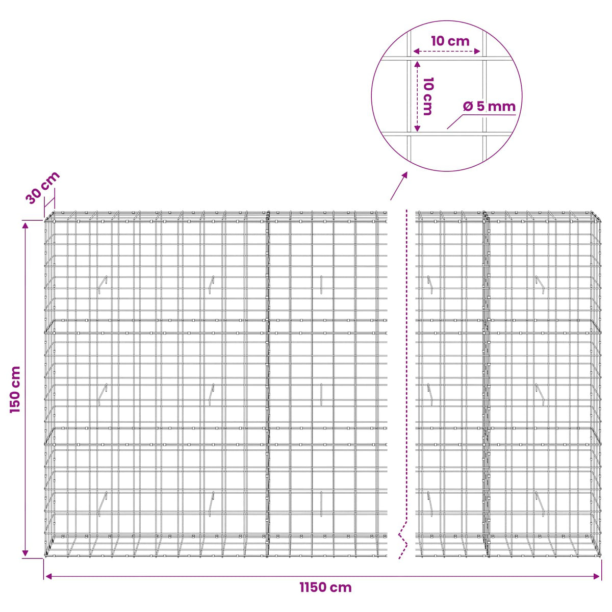vidaXL Gabion z drutem 5 mm i siatką 10x10 cm 1150x30x150 cm