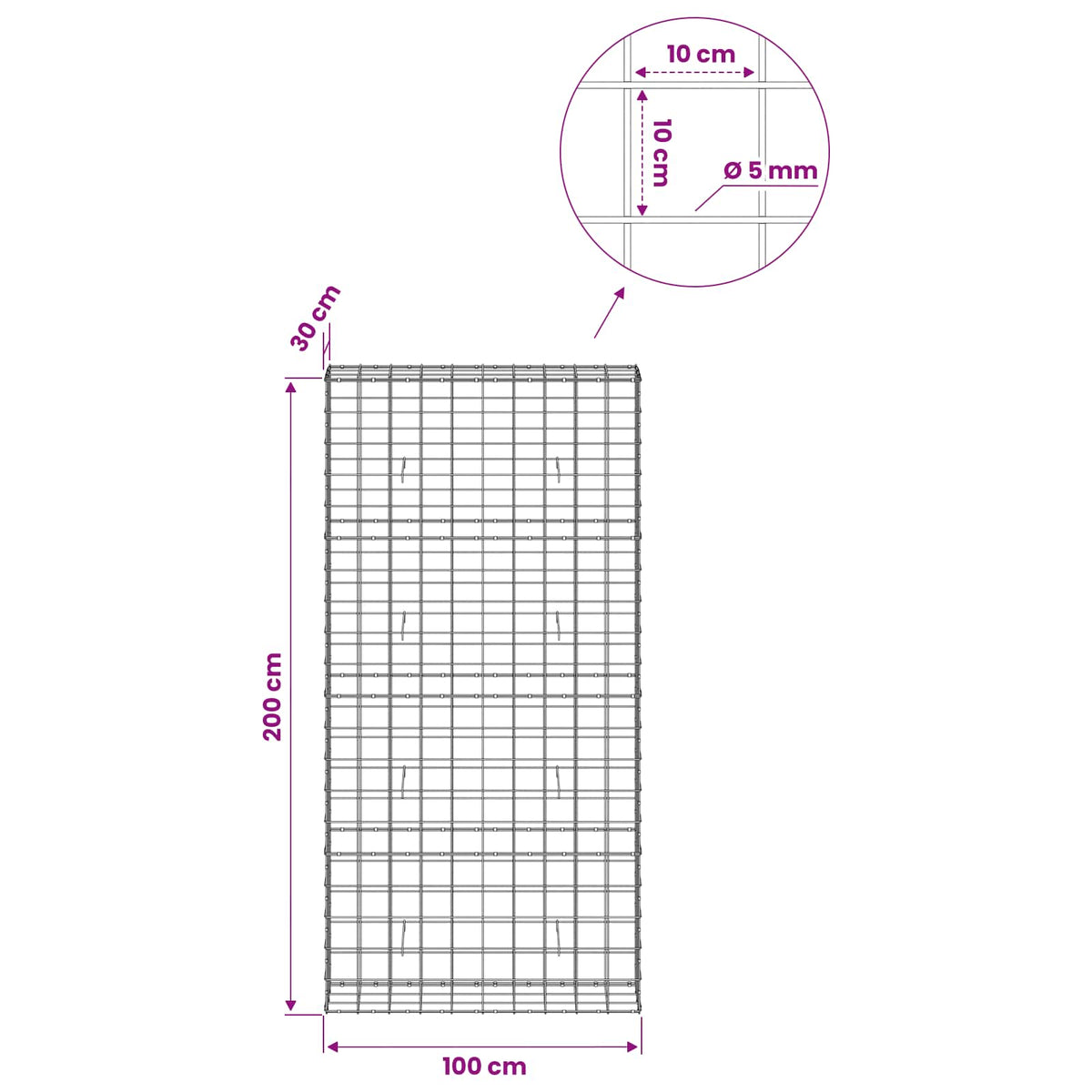 vidaXL Gabion z drutem 5 mm i siatką 10x10 cm 100x30x200 cm