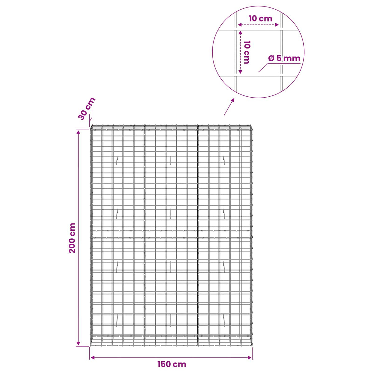 vidaXL Gabion z drutem 5 mm i siatką 10x10 cm 150x30x200 cm