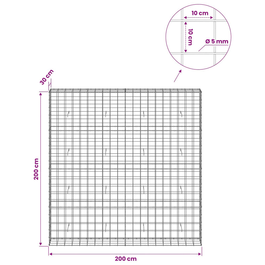 vidaXL Gabion z drutem 5 mm i siatką 10x10 cm 200x30x200 cm