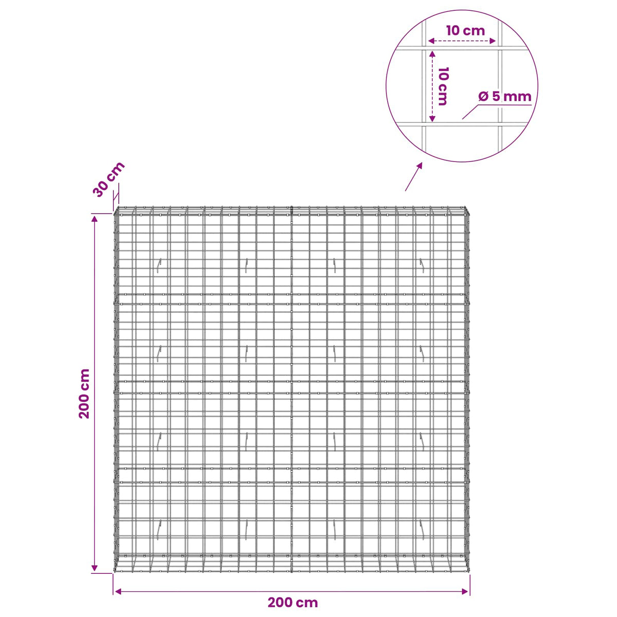 vidaXL Gabion z drutem 5 mm i siatką 10x10 cm 200x30x200 cm