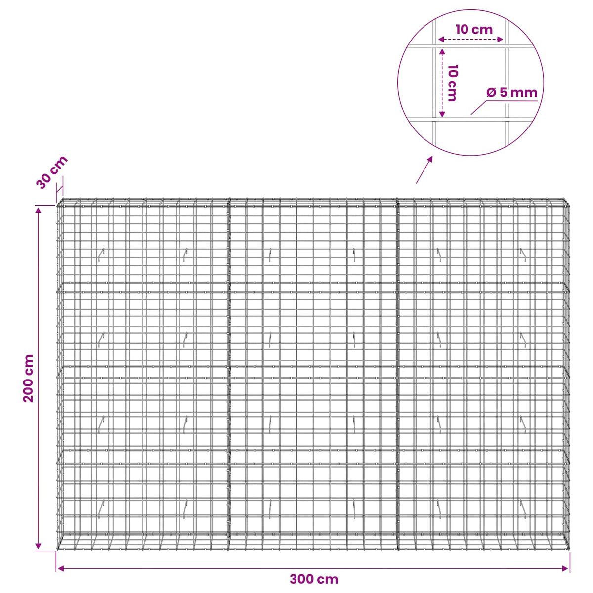 vidaXL Gabion z drutem 5 mm i siatką 10x10 cm 300x30x200 cm