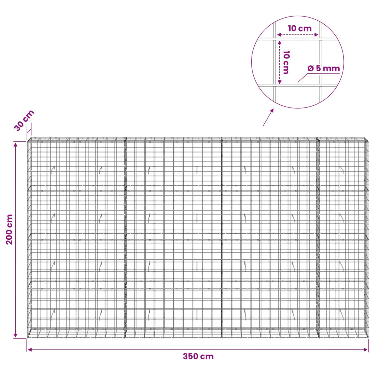 vidaXL Gabion z drutem 5 mm i siatką 10x10 cm 350x30x200 cm