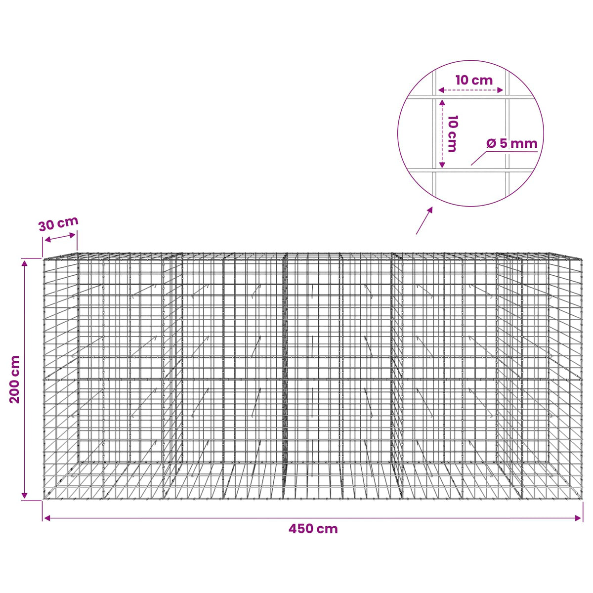 vidaXL Gabion z drutem 5 mm i siatką 10x10 cm 450x30x200 cm