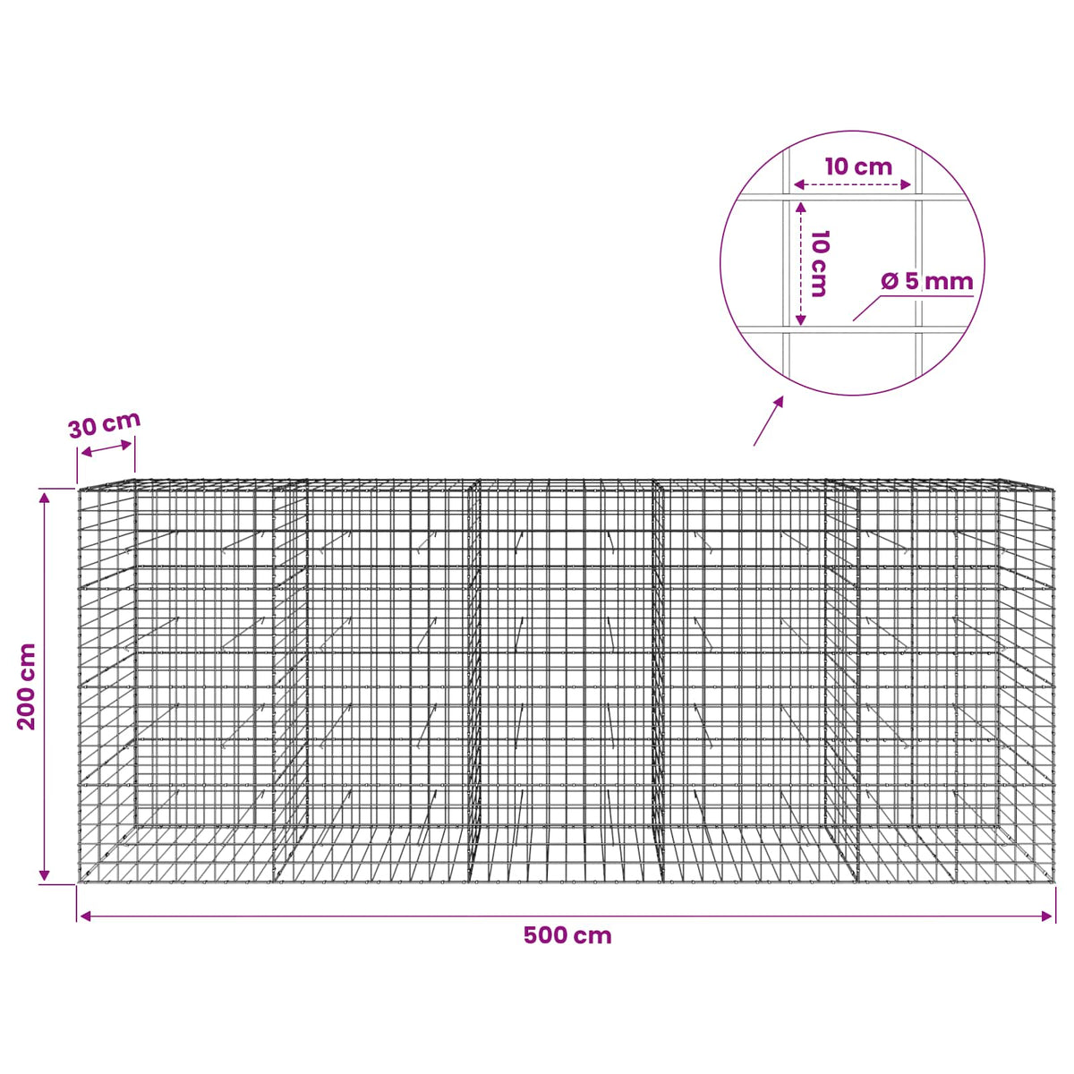 vidaXL Gabion z drutem 5 mm i siatką 10x10 cm 500x30x200 cm