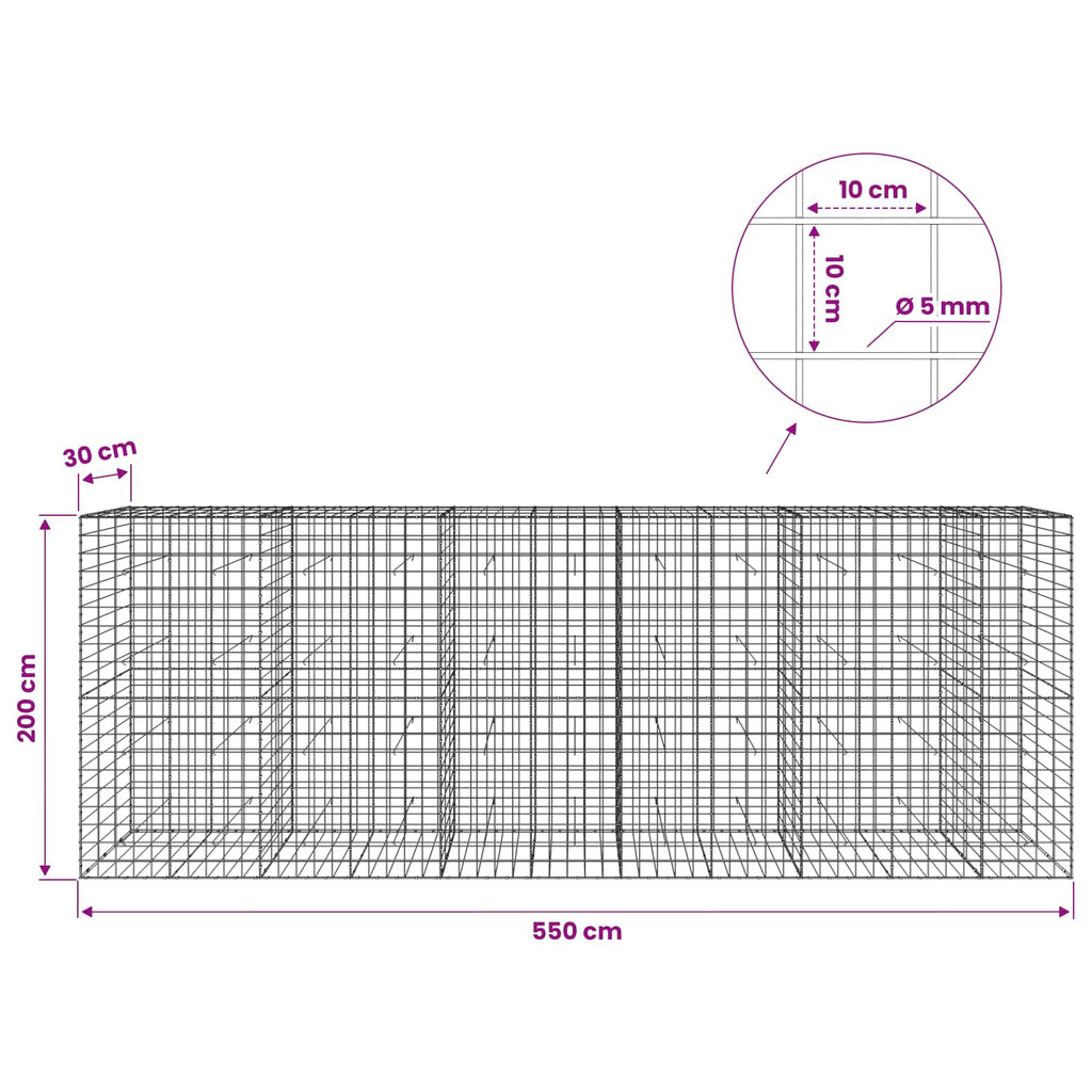vidaXL Gabion z drutem 5 mm i siatką 10x10 cm 550x30x200 cm