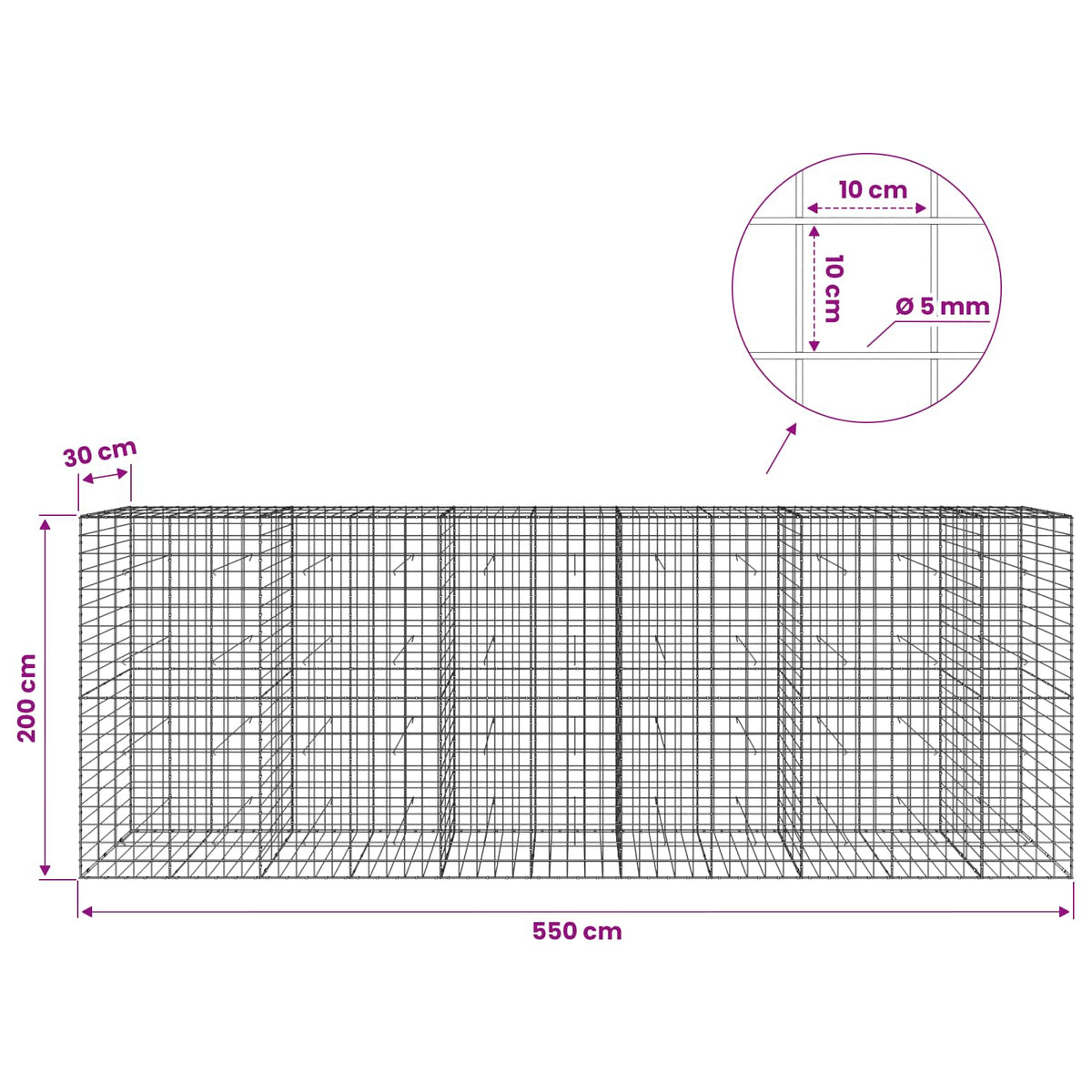 vidaXL Gabion z drutem 5 mm i siatką 10x10 cm 550x30x200 cm