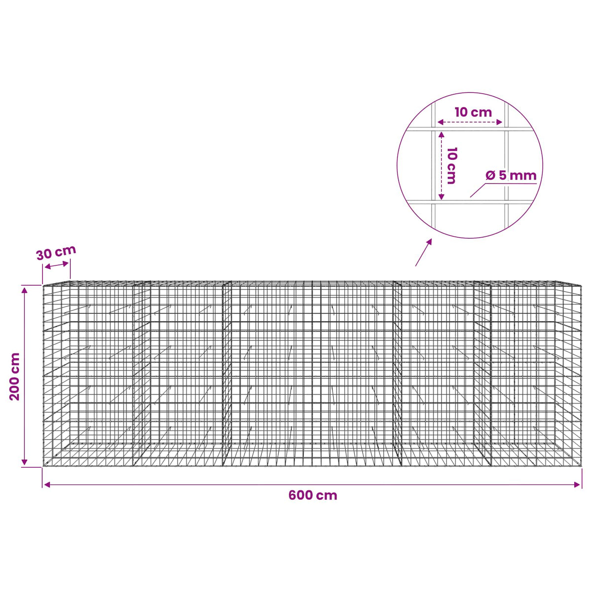 vidaXL Gabion z drutem 5 mm i siatką 10x10 cm 600x30x200 cm